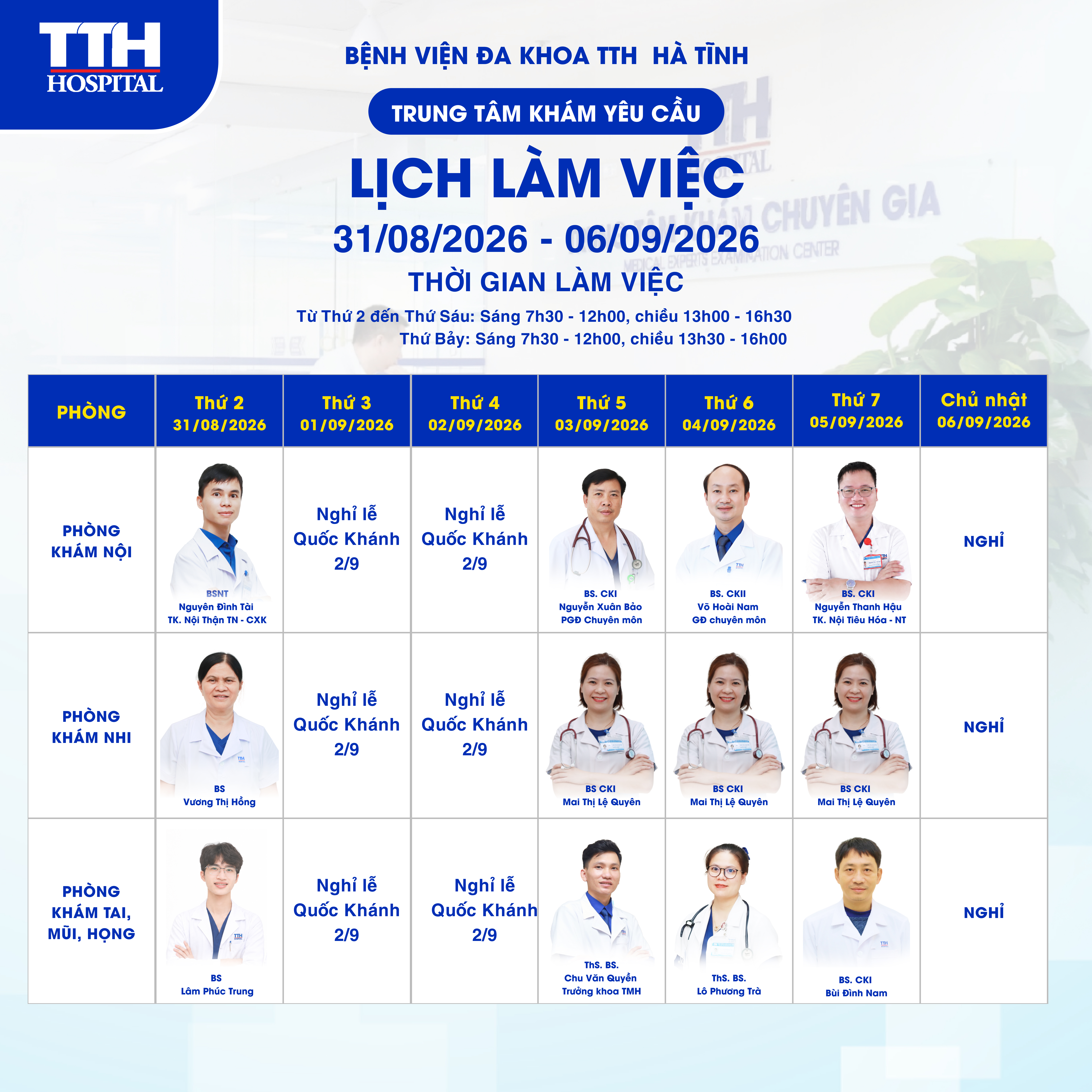 CẬP NHẬT LỊCH LÀM VIỆC TRUNG TÂM KHÁM CHUYÊN GIA - BỆNH VIỆN ĐA KHOA TTH HÀ TĨNH.